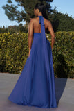 Sexy A Line Halter Bow Satin Long Prom Dress Evening Dress with High Slit HZ1023