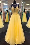 Yellow Tulle Open Back Prom Dress Spaghetti Strap V-neck Crystal Beading Long Dress HZ1023