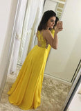 Yellow lace chiffon long prom dress, yellow evening dress HZ1023
