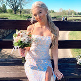 Sheath Spaghetti Strap Open Lace Up Back Sequin Satin Prom Dresses HZ1023