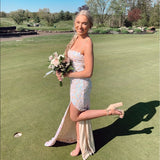 Sheath Spaghetti Strap Open Lace Up Back Sequin Satin Prom Dresses HZ1023