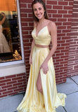 Yellow satin long prom dress evening dress HZ1023