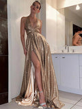 A Line V-neck Sweep Train Backless Sequined Prom Dresses With Slit HZ1023