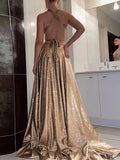 A Line V-neck Sweep Train Backless Sequined Prom Dresses With Slit HZ1023
