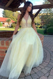 Yellow v neck tulle lace long prom dress yellow formal dress HZ1023