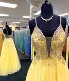 Yellow Tulle Open Back Prom Dress Spaghetti Strap V-neck Crystal Beading Long Dress HZ1023