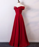 Burgundy A Line Off-the-shoulder Satin Long Prom Dress Evening Dress HZ1023