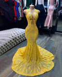 yellow lace applique evening dresses long mermaid sexy formal dress HZ1023