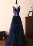 Charming Round Neck Beaded Navy Blue Tulle Prom Dress Evening Dress HZ1023