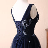 Charming Round Neck Beaded Navy Blue Tulle Prom Dress Evening Dress HZ1023