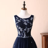 Charming Round Neck Beaded Navy Blue Tulle Prom Dress Evening Dress HZ1023