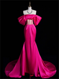 Simple Mermaid Off-the-shoulder Rose Red Satin Long Prom Dress Evening Dress HZ1023