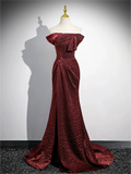 Mermaid Off-the-shoulder Burgundy Satin Long Prom Dress With Slit HZ1023