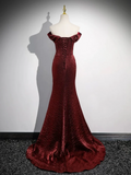 Mermaid Off-the-shoulder Burgundy Satin Long Prom Dress With Slit HZ1023