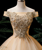 Gold A Line Off-the-shoulder Appliques Sequins Tulle Prom Dress HZ1023