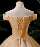 Gold A Line Off-the-shoulder Appliques Sequins Tulle Prom Dress HZ1023