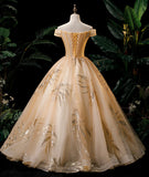 Gold A Line Off-the-shoulder Appliques Sequins Tulle Prom Dress HZ1023