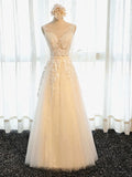 A Line Round Neck Appliques Tulle Prom Dress Formal Evening Dress HZ1023