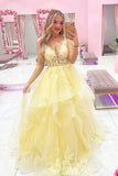 Yellow tulle lace long prom dress A line evening gown HZ1023