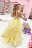 Yellow tulle lace long prom dress A line evening gown HZ1023
