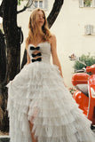 A Line Sweetheart Bow Polka Dot Layered Tulle Evening Dress Prom Dress HZ1023