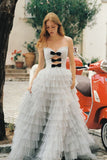 A Line Sweetheart Bow Polka Dot Layered Tulle Evening Dress Prom Dress HZ1023