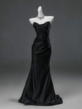 Black Mermaid Strapless Satin Long Prom Dress Evening Dress HZ1023