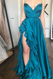 Elegant A Line Spaghetti Strap Ruffle Blue Satin Slit Long Prom Dress Graduation Prom Dress HZ1023
