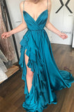 Elegant A Line Spaghetti Strap Ruffle Blue Satin Slit Long Prom Dress Graduation Prom Dress HZ1023
