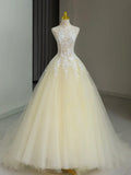 A Line Halter Lace Tulle Long Sweep Train Prom Dress Evening Dress HZ1023