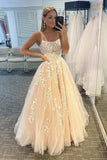Simple Spaghetti Straps A-Line Lace Appliques Tulle Long Prom Dress HZ1023