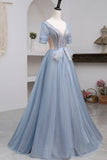 Blue Short Sleeve Tulle Floor Length Prom Dress with Beaded HZ1023