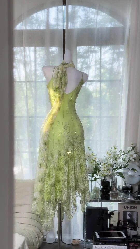 Stunning Mermaid Spaghetti Strap Beaded Green Chiffon Prom Dress Evening Dress HZ1023