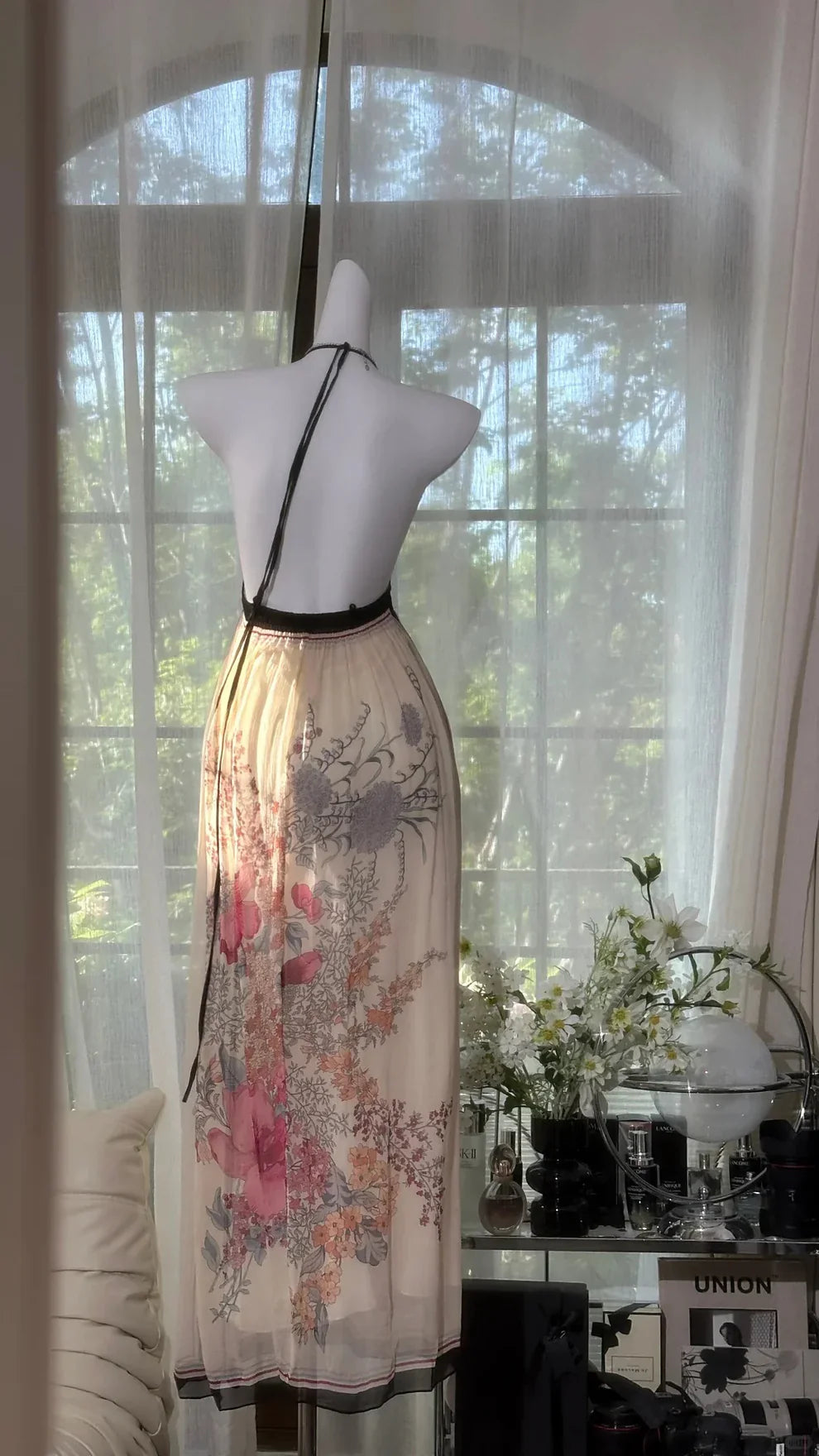 Vintage A Line Halter Print Floral Chiffon Open Back Prom Dress Wedding Guest Dress HZ1023