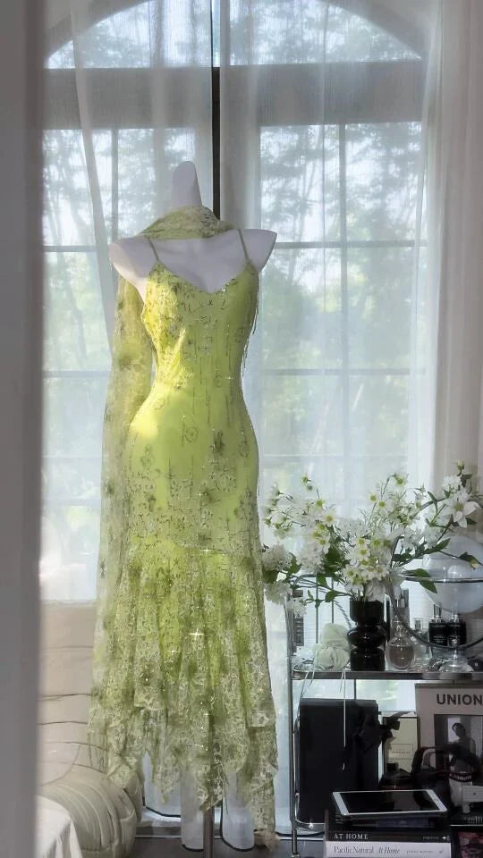 Stunning Mermaid Spaghetti Strap Beaded Green Chiffon Prom Dress Evening Dress HZ1023