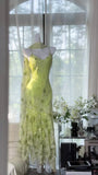 Stunning Mermaid Spaghetti Strap Beaded Green Chiffon Prom Dress Evening Dress HZ1023