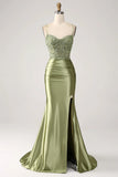 Mermaid Spaghetti Straps Lace-up Back Sequin Satin Prom Dress With Slit HZ1023