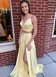 Yellow satin long prom dress two pieces evening dress HZ1023