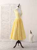 Yellow V Neck 3D Floral Satin Tea Long Homecoming Dress HZ1023