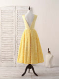 Yellow V Neck 3D Floral Satin Tea Long Homecoming Dress HZ1023