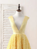 Yellow V Neck 3D Floral Satin Tea Long Homecoming Dress HZ1023