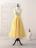 Yellow V Neck 3D Floral Satin Tea Long Homecoming Dress HZ1023