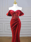 Burgundy Mermaid Off the Shoulder Velvet Sequins Long Prom Dress With Slit HZ1023