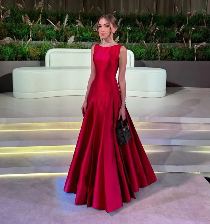 Classy A line Scoop Red Long Satin Formal Prom Gown Summer Wedding Guest Dress Bridal Guest Dresses Wedding Outfits For Guest HZ1121