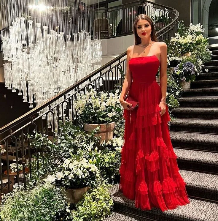 Elegant A line Strapless Red Tulle Long Prom Dresses Party Dress 21st Birthday Outfits Graduation Dresses HZ1121