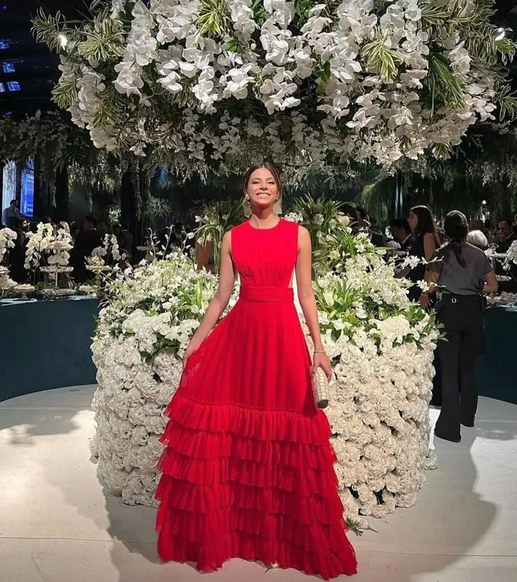 Elegant A line Scoop Red Tulle Long Prom Dresses Party Dress 21st Birthday Outfits Graduation Dresses HZ1121