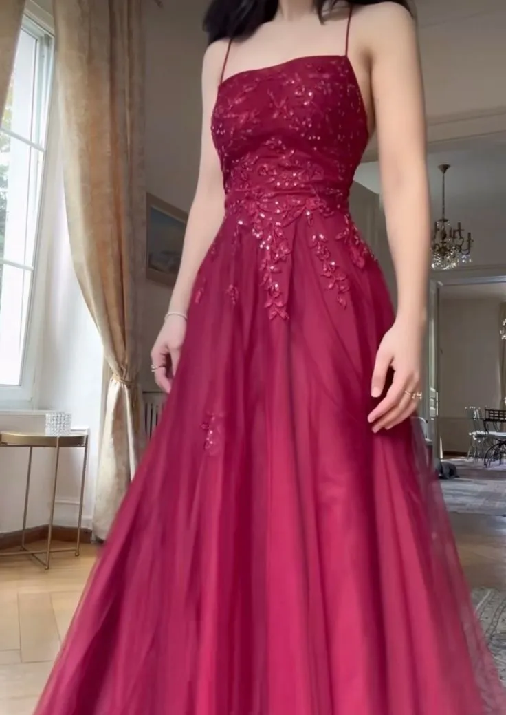 Elegant A Line Spaghetti Straps Burgundy Tulle Long Prom Dresses Party Dress 21st Birthday Outfits Graduation Dresses HZ1121