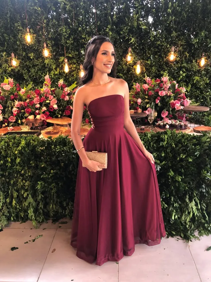 Classy A line Strapless Burgundy Chiffon Long Formal Prom Gown Summer Wedding Guest Dress Bridal Guest Dresses Wedding Outfits For Guest HZ1121