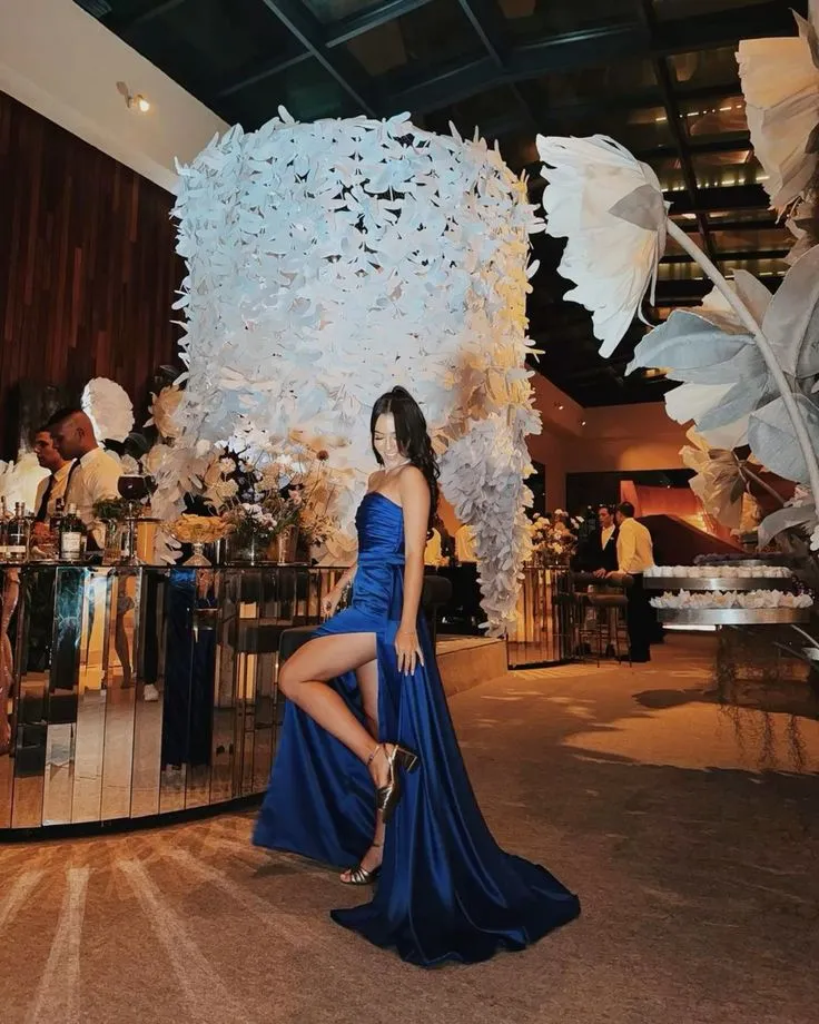 Classy A line Strapless Navy Blue Satin Long Formal Prom Gown Summer Wedding Guest Dress Bridal Guest Dresses Wedding Outfits For Guest HZ1121