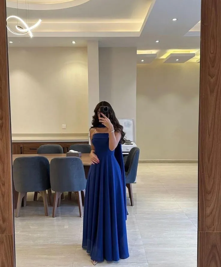 Fancy A Line Strapless Royal Blue Chiffon Sleeveless Long Evening Dress Party Gowns Evening Special Formal Dresses Prom Dress HZ1121